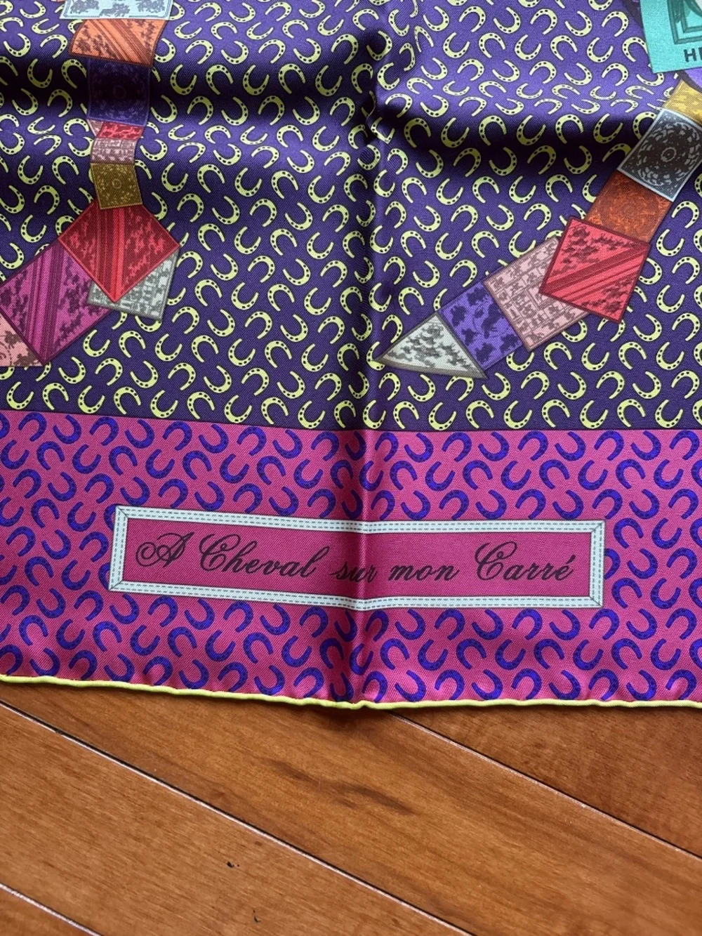 Hermes 90cm Silk Scarf A Cheval sur Mon Carre' eggplant bright pink Bali Barret